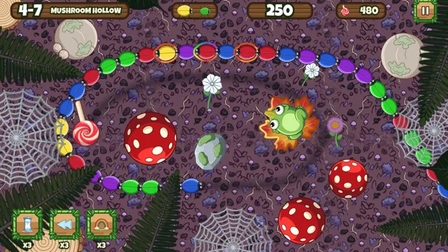 Zone 4, Mushroom Hollow: a spiked frog guards a purple hollow strewn with toadstools and cobwebs.