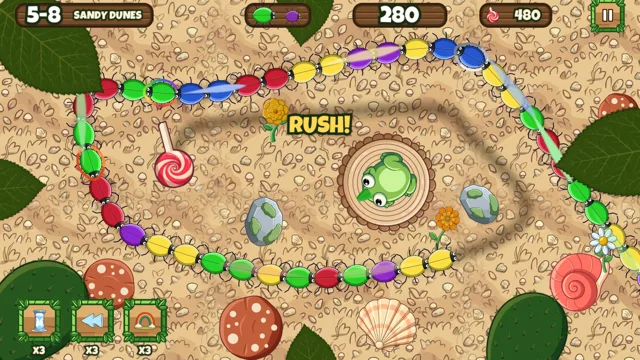 A “Rush!” banner flashes as the bug chain speeds up across the sandy dunes.
