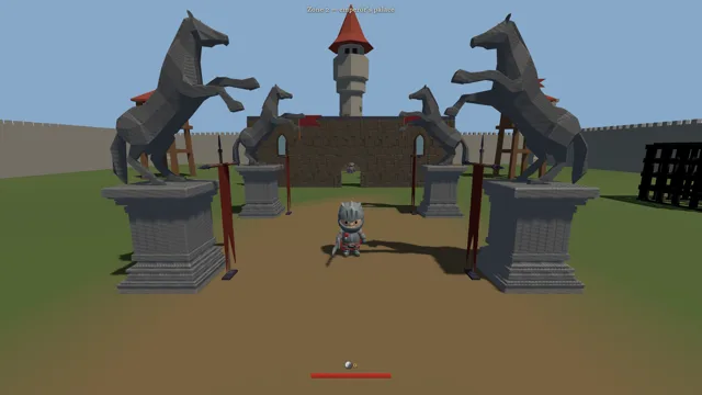 The palace courtyard, its rearing horse statues and the keep.