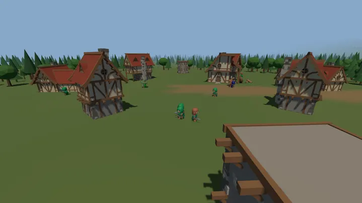 The village at midday, adventurers crossing the green between half-timbered houses.